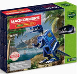 Magformers dinosaur set packaging with a blue dinosaur model on a scenic background